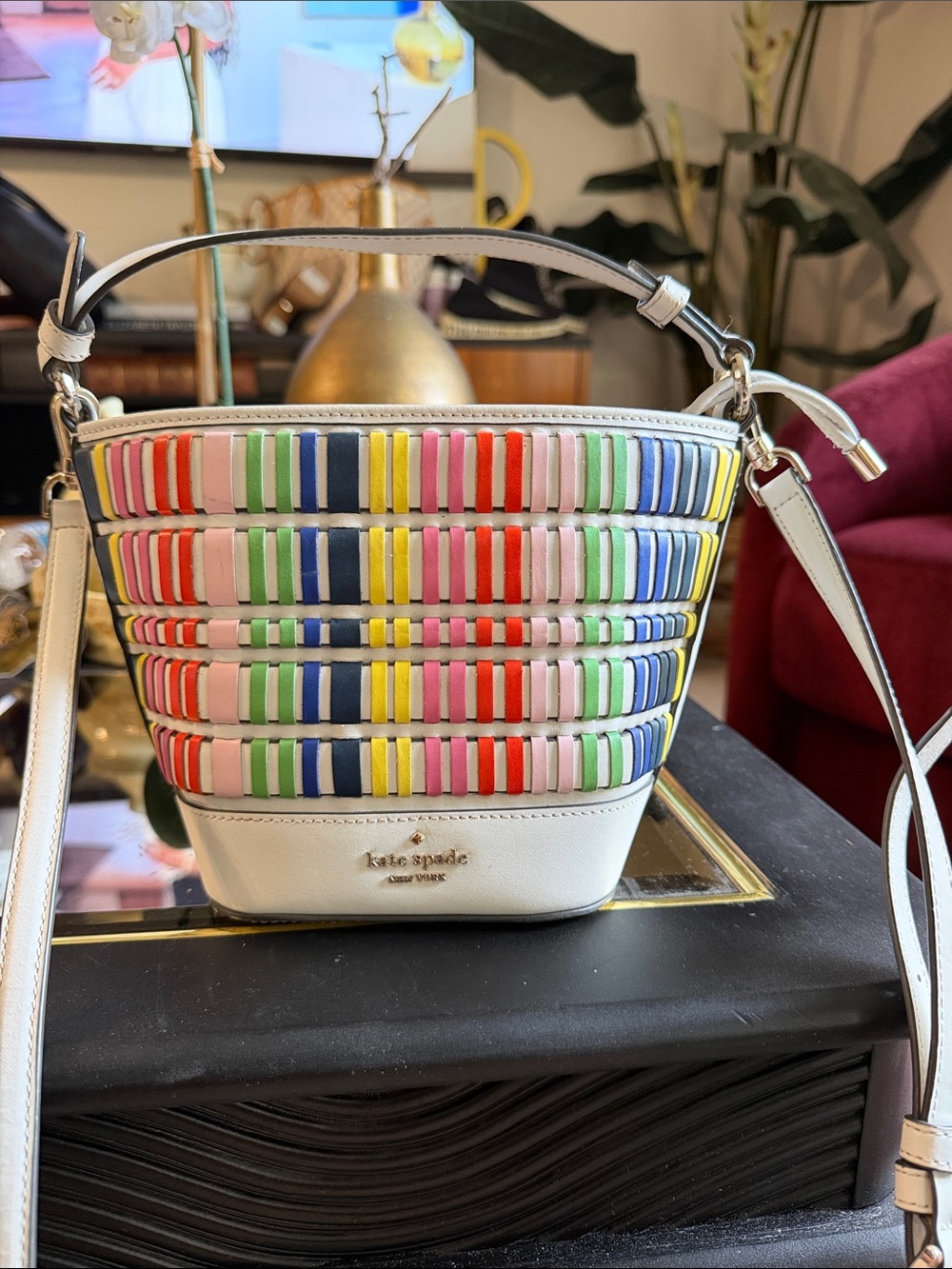 kate spade White Bucket Crossbody with Multicolor Woven Stripes